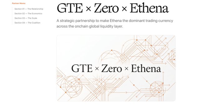 The image displays a presentation slide titled "GTE × Zero × Ethena," describing a strategic partnership aimed at making Ethena the dominant trading currency across the onchain global liquidity layer, with a Partner Memo sidebar listing sections on The Relationship, Economics, Scale, and The Coalition.

The slide relates to the post by highlighting GTE as a project actively building partnerships (with Zero and Ethena), while the post teases that behind-the-scenes activities—including a whitelist with point incentives for referrals, shares, usernames, and social follows—signal more developments in progress beyond what's currently shown.
