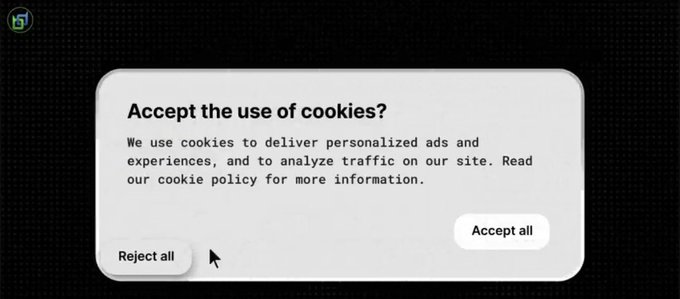 A website cookie consent pop-up asking "Accept the use of cookies?" with options to "Reject all" or "Accept all" on a dark background.