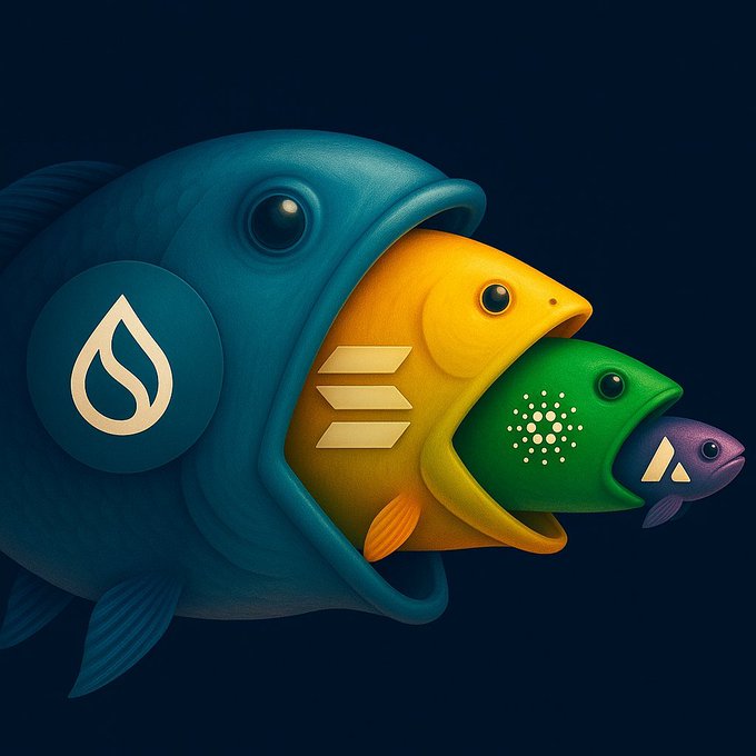 A large blue fish with a SUI logo on it is shown swallowing smaller orange, green, and purple fish marked with Solana, Cardano, and Avalanche logos, visually illustrating the post's claim that $SUI will surpass $SOL, $ADA, and $AVAX.