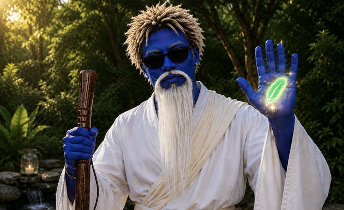 A blue-skinned humanoid figure with dreadlocks, sunglasses, and a long white beard, wearing white robes, holding a wooden staff and displaying a glowing green rune on their palm against a forest background.