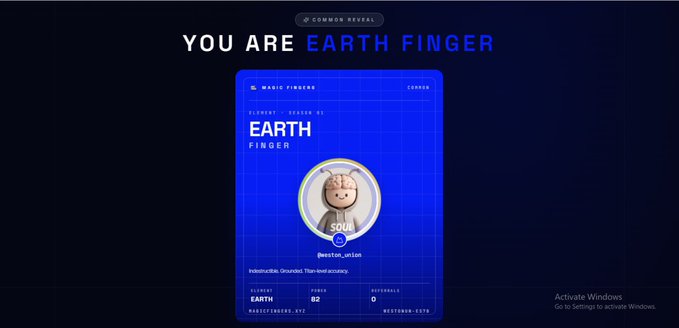A 'YOU ARE EARTH FINGER' reveal screen from Common Reveal, displaying a blue digital card with element #1 'EARTH FINGER', rarity 02, and username '@justin_union' for Magic Fingers series.