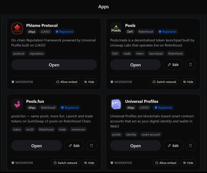 An 'Apps' directory displaying four dApps: Phlame Protocol and Pools on LUKSO, and Pools.fun and Universal Profiles on Robinhood chain, each with descriptions, tags, and 'Open' or 'Edit' buttons.