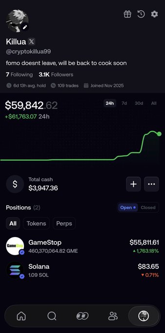The image shows a crypto trading portfolio for user "Killua X" (@cryptokillua99) displaying a total portfolio value of $59,842.62 with a 24-hour gain of +$61,763.07, driven primarily by a GameStop (GME) position worth $55,811.61 and a Solana (SOL) position worth $83.65. The post caption about growing from $3K to $55K aligns with the chart showing a dramatic upward trajectory, visually illustrating the trader's successful return to "cooking" after stepping back.