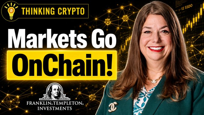 This appears to be a thumbnail for a "Thinking Crypto" YouTube video featuring Sandy Kaul from Franklin Templeton, with bold text reading "Markets Go OnChain!" highlighting the firm's tokenization of assets and digital asset strategies.