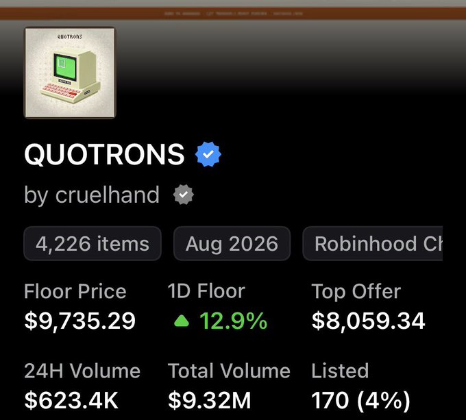 A digital trading card or NFT collection page for 'QUOTRONS by cruelhand' shows statistics including a Floor Price of $9,735.29, a 12.9% increase, and a 24H Volume of $623.4K.
