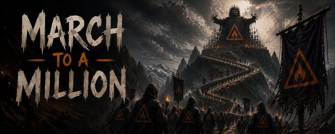 A dark fantasy artwork with the text 'MARCH TO A MILLION' showing a massive army of hooded figures marching up a mountain toward a large statue, with banners bearing a flame symbol.