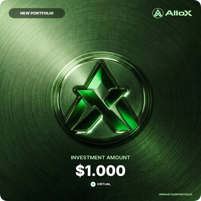 A green-themed promotional graphic for AlloX featuring a glowing green logo, announcing a 'NEW PORTFOLIO' with an investment amount of $1,000 VIRTUAL and the hashtag #PROVEYOURPORTFOLIO.