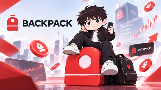 A cartoon character sitting on a large red backpack holding a phone, with the text 'BACKPACK' and trading categories listed: US Stocks, Crypto, Options, DeFi.