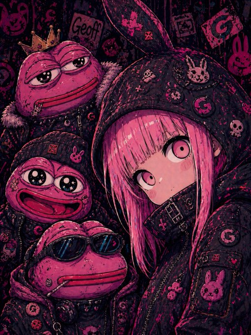 A pink-haired girl in a graffiti-covered hoodie poses alongside three cartoonish frogs wearing a crown, sunglasses, and patches bearing the name "Geoff" and bunny logos—all rendered in a grainy, gothic pink-and-black aesthetic that reinforces the edgy $PORK meme theme.
