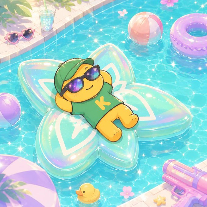 The image features a cartoon character, likely a teddy bear or a small animal, lying on an inflatable pool float with sunglasses on its head. The pool is filled with water and surrounded by various objects such as a cup, a toy, and some flowers. There are also two other floats in the background, one pink and one purple. The image seems to be related to the post about @quipnetwork, which discusses the importance of protecting against future threats and the need for immediate action.