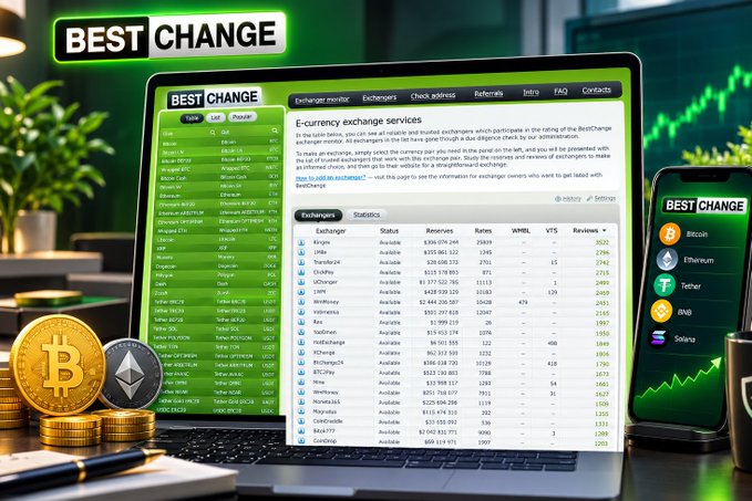Screenshot of the BestChange cryptocurrency exchange monitor website displayed on a laptop and phone screen, listing various exchangers, currencies like Bitcoin and Ethereum, and their rates.