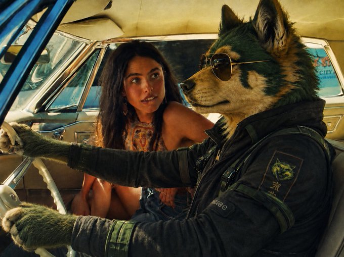 A young woman gives a puzzled sideways glance at an anthropomorphic wolf wearing sunglasses and a jacket with the word "WOOF" embroidered on it, as he drives the car while wearing paw-like gloves. The humor fits the post's caption perfectly, with the woman embodying the "cat holder" stereotype staring in disbelief as the wolf confidently speeds toward making $WOOF the first trillion-dollar meme coin.