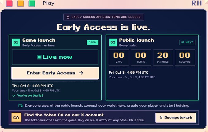 A website screenshot announcing "Early Access is live" for a game, with options for "Game launch" (currently Live now) and "Public launch" (starting Fri, Oct 9 - 4:00 PM UTC), and a note to "Find the token CA on our X account."