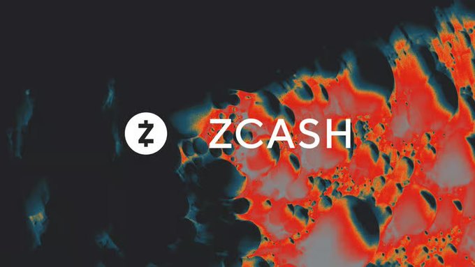 The 'ZCASH' logo and ticker displayed in white text over a textured, abstract red and black background.