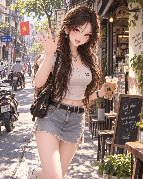 An anime-style illustration of a girl with long brown hair holding a drink and waving on a street featuring a 'PHỐ HÀNG BÈ' sign and a Vietnamese flag.