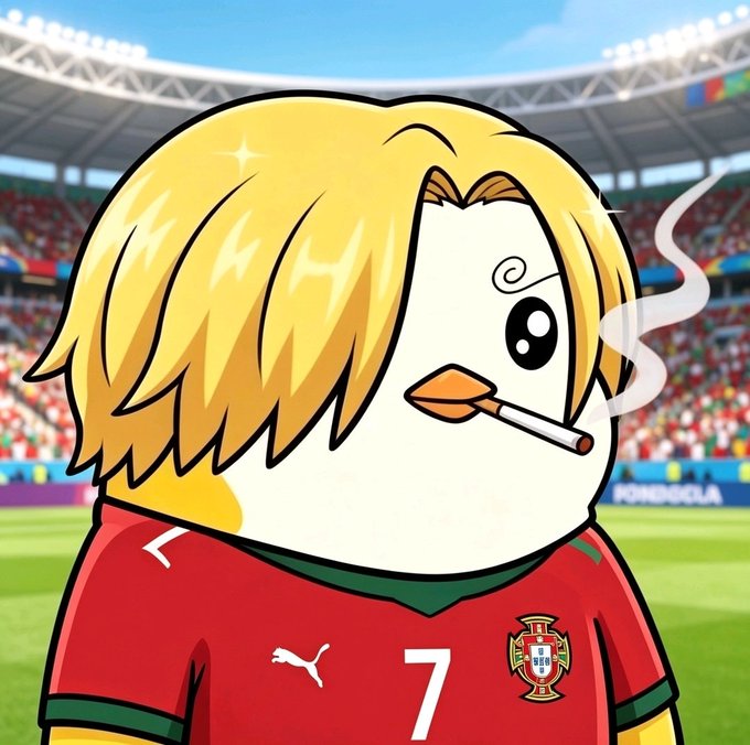An anime-style chick with blonde hair smoking a cigarette wears a red Portugal soccer jersey with the number 7, set in a stadium background.