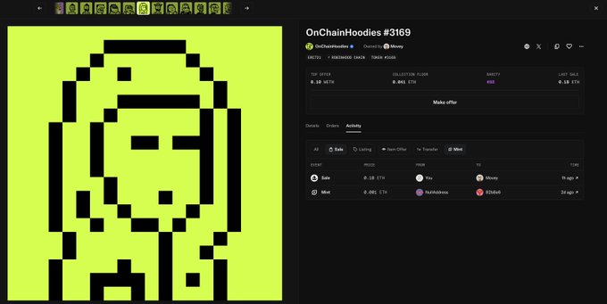 An NFT marketplace listing page shows 'OnChainHoodies #3169', a green and black pixel art hooded character, with a top offer of '0.25 ETH'.