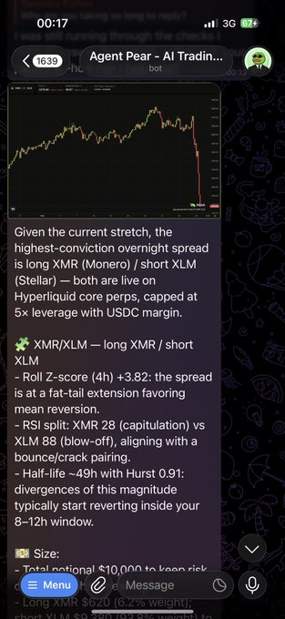 The image shows a phone screen with a trading app opened that displays text about current stock price trends. The post being shown includes information from the trading app, along with a message indicating an upcoming scan of assets for pear protocol's trading suite. This information suggests that someone is using a trading app to make decisions regarding the stock market based on its analysis and recommendations.