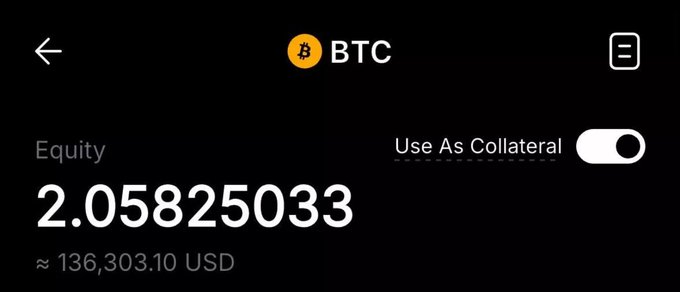 Mobile app screen showing BTC equity position of 2.05825033 BTC, valued at approximately $136,303.10 USD, with 'Use As Collateral' toggle enabled