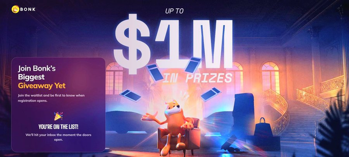 The image shows a promotional banner for BONK featuring a $1M giveaway campaign, with the text "UP TO $1M IN PRIZES" prominently displayed alongside a registration confirmation stating "YOU'RE ON THE LIST! We'll hit your inbox the moment the doors open." The cartoon character sits among scattered cards in an ornate setting, reinforcing the post's announcement about BONK's largest giveaway yet requiring email signup at bonkplay.com, where one of the prizes includes a 2009 Toyota Corolla valued at approximately $5,000.