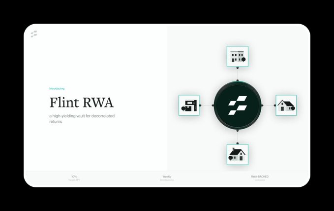 A promotional graphic introducing 'Flint RWA', described as 'a high-yielding vault for decorrelated returns', featuring a diagram with a central logo connected to icons representing assets, RWA-backed collateral, and distributions.