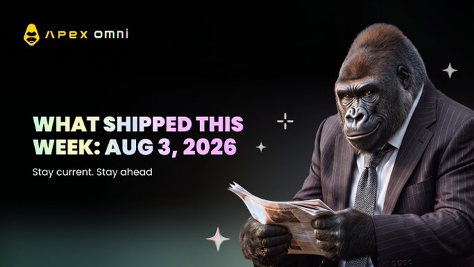 Promotional banner for 'APEX OMNI' featuring a gorilla in a suit reading a newspaper, with text 'WHAT SHIPPED THIS WEEK: AUG 3, 2026 - Stay current. Stay ahead'.