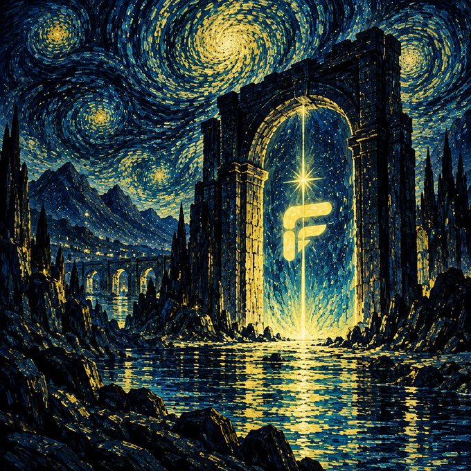 A Van Gogh "Starry Night"-style digital artwork featuring a glowing "$PRFI" logo framed within an ancient stone archway beneath swirling skies. The image symbolically conveys the project's launch and ascent, tying into the post's promotion of $PRFI as a fully functional Uniswap v4 protocol for token launches.