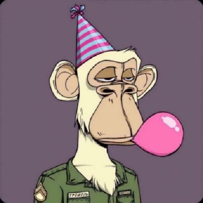 A digital illustration of a bored-looking monkey wearing a striped party hat and a green military jacket, blowing a pink bubblegum bubble.