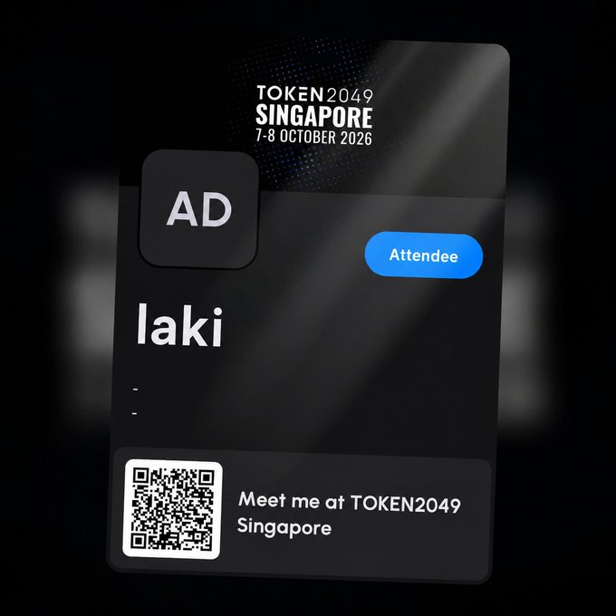 A digital event badge for TOKEN2049 Singapore (7-8 October 2026) displays the name 'laki' as an Attendee with a QR code and 'Meet me at TOKEN2049 Singapore' text.