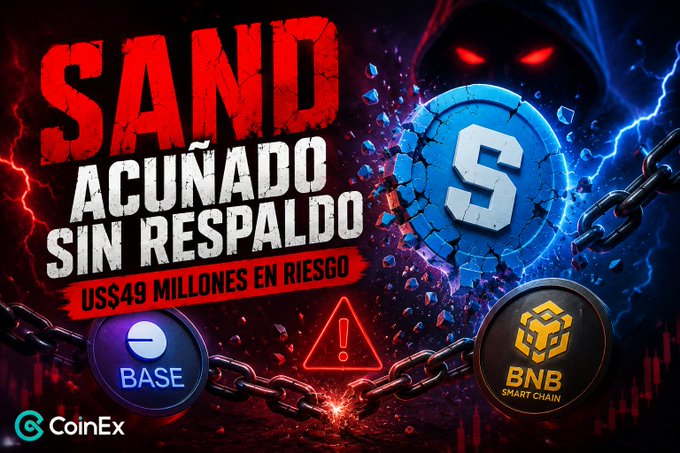 A CoinEx promotional graphic features the text 'SAND ACUÑADO SIN RESPALDO' and 'US$49 MILLONES EN RIESGO' alongside logos for SAND, BASE, and BNB Smart Chain.