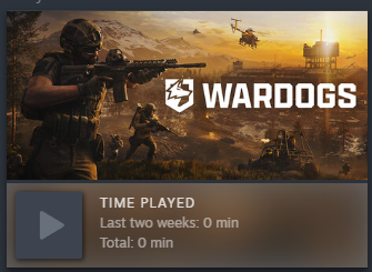 Screenshot of the video game 'WARDOGS' showing zero minutes played in the last two weeks and total time.