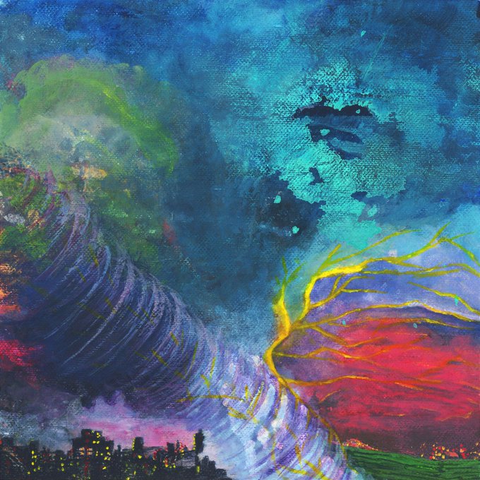 A vibrant abstract painting features swirling colors of blue, green, purple, and red, with a yellow tree-like form and a silhouette of a city skyline at the bottom.