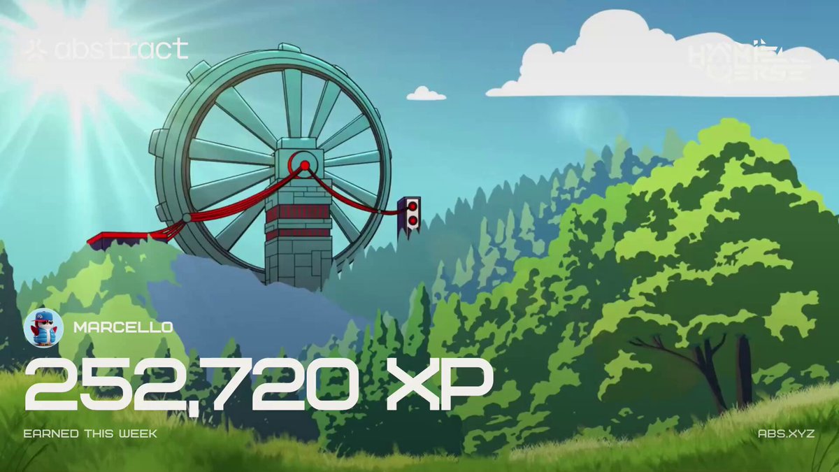 The image features a cartoon-style scene with a large green wheel, possibly representing a windmill or other machinery, situated in front of a forested area. The background includes trees and a blue sky, creating an impressionistic atmosphere. In the bottom right corner of the image, there is text that reads "@AbstractChain we got !!!! not too bad, considering my main PC has been down! hoping we get it back today so I can start going harder again!".