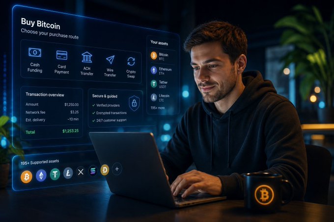 A man smiles at his laptop displaying a "Buy Bitcoin" interface from Crypto Dispensers, with transaction details showing $1,253.25 total, $3.25 network fee, and 10-minute estimated delivery, alongside supported assets including BTC, ETH, USDT, and LTC. The image visually reinforces the post's message about offering multiple clear purchase routes—cash funding, card payment, ACH transfer, wire transfer, and crypto swap—to make crypto access more approachable.