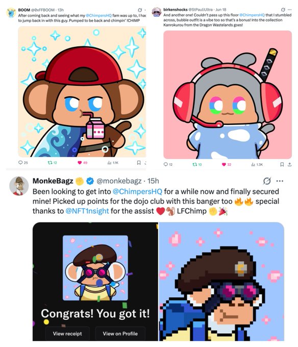 The image features four cartoon characters with different hats and accessories, including a monkey hat, a police officer hat, and two other hats. The post includes a message congratulating the user for their achievements and encouraging them to share their experiences on social media using the hashtag #CHIMP.