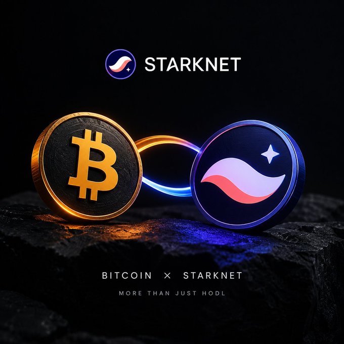 A promotional graphic displays the Starknet logo with a Bitcoin coin and Starknet token connected by a glowing neon ring, captioned 'BITCOIN X STARKNET - MORE THAN JUST HODL'.