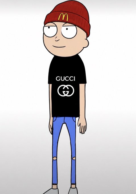 A cartoon drawing of a character wearing a red beanie with a McDonald's logo, a black 'GUCCI' t-shirt, and blue ripped jeans.
