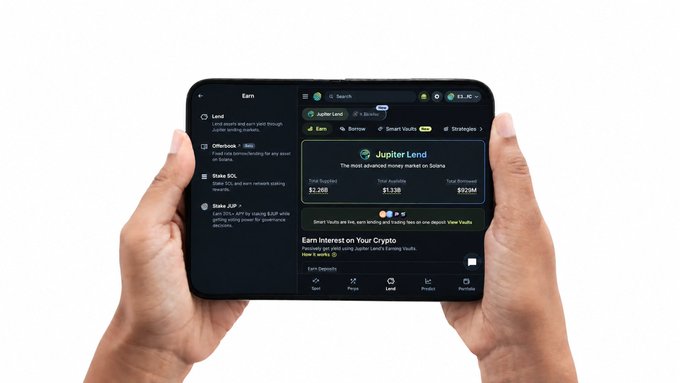 A pair of hands holding a smartphone displaying the Jupiter Lend platform, highlighting features like Jupiter Lend, Borrow, Smart Yields, and Bonkey with total liquidity of $1.26B and total borrowed of $1.33B.