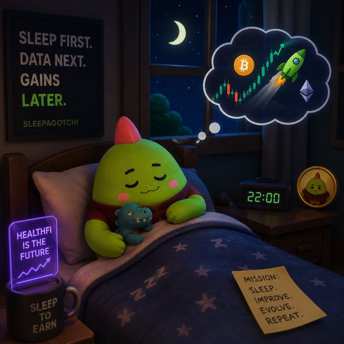 A cartoon green character sleeps in bed at night dreaming of cryptocurrency gains, with posters reading "SLEEP FIRST. DATA NEXT. GAINS LATER.", "HEALTHFI IS THE FUTURE", "SLEEP TO EARN", and a note "MISSION: SLEEP. IMPROVE. EVOLVE. REPEAT."