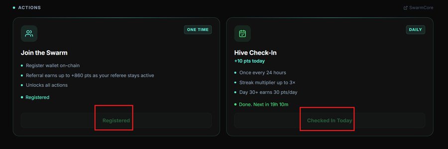 Screenshot of the SwarmBase "Actions" dashboard showing two task cards: "Join the Swarm" (marked "Registered" with one-time signup and +860 pts referral reward) and "Hive Check-In" (marked "Checked In Today" with daily streak multiplier up to 3x and 30+ pts/day), illustrating the steps mentioned in the post—wallet registration, referral setup, and daily check-in for $SWARM airdrop points.