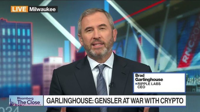 Brad Garlinghouse, CEO of Ripple Labs, appears on Bloomberg The Close with the headline 'GARLINGHOUSE: GENSLER AT WAR WITH CRYPTO'.