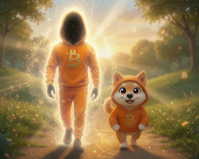 A glowing figure in an orange Bitcoin-logo hoodie walks alongside a smiling Shiba Inu dog wearing a matching orange Bitcoin hoodie down a sunlit path in a park.