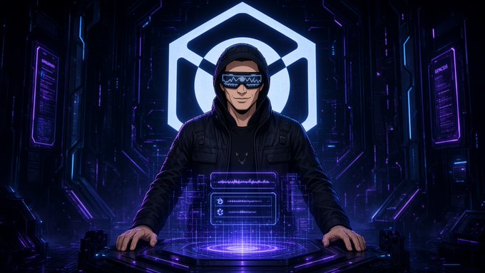 A cyberpunk-styled figure wearing a hooded jacket and reflective visor stands before a glowing hexagonal emblem and holographic interface panels displaying data readouts, evoking a high-tech command center. The futuristic aesthetic complements the post's promotion of @NucleusCodes' new reputation-based leaderboard for "Genesis Bugz," visually reinforcing the Web3 theme of on-chain identity and merit-based recognition over loud marketing.