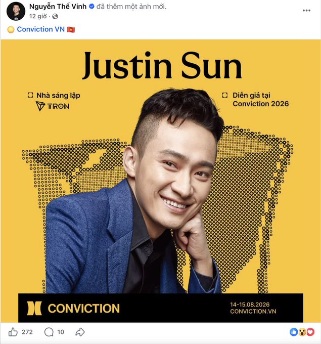 A social media post by Nguyễn Thế Vinh advertises Conviction VN, featuring a yellow promotional graphic for 'Justin Sun,' founder of TRON and speaker at Conviction 2026 (14-15.08.2026, CONVICTION.VN).