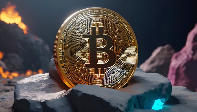 A 3D rendered image of a golden Bitcoin coin standing upright on a rocky surface, with fire and colorful crystalline elements in the background.
