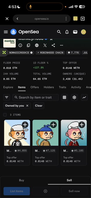 A screenshot of the OpenSea NFT marketplace showing the "Nomad Crookite" collection (with a robinhood.eth verified profile) displaying a floor price of 0.0148 WETH (+127.9% in 24h), 64.65 ETH total volume, and 2,439 unique owners, with three MonkeyHood NFT character items available as top offers—directly supporting the post's call to "Send it higher!!!!" by showing the collection's recent upward floor price movement.