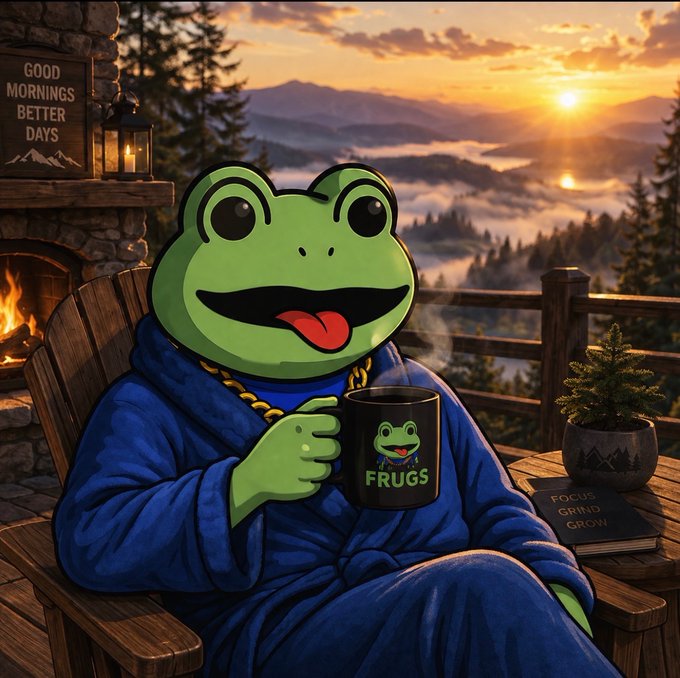 A digitally drawn frog character wearing a blue bathrobe and a gold chain, sitting in an Adirondack chair on a balcony at sunset. The character holds a black mug labeled 'FRUGS', with a book titled 'FOCUS GRIND GROW' resting on the table beside them.