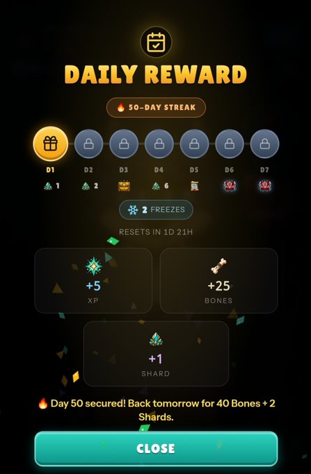 A 'DAILY REWARD' mobile game screen showing a 50-day streak with unlocked Day 1 reward of 1 diamond, and locked rewards for Days 2-7 including 2 Freezes, XP, Bones, and Shards.