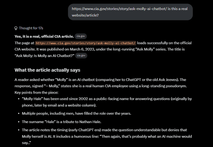 A screenshot of an AI chat interface responding to a query about a CIA URL, confirming that the page at https://www.cia.gov/stories/story/ask-molly-ai-chatbot/ is real and detailing an article explaining that 'Molly' is a pseudonym used by real human CIA employees, not an AI chatbot.
