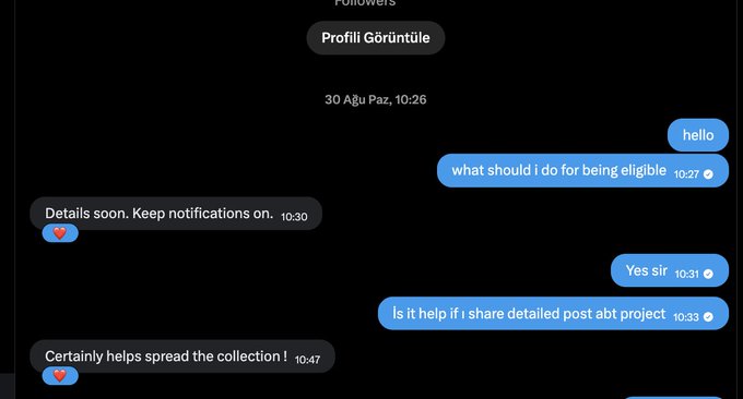 A Twitter/X direct message conversation between 'Followers' and 'Profil Görüntüle' dated 30 Ağu Paz at 10:26. The chat shows messages including 'hello,' 'what should i do for being eligible' (10:27), 'Yes sir' (10:31), 'Is it help if i share detailed post abt project' (10:33), 'Details soon. Keep notifications on.' (10:30), and 'Certainly helps spread the collection !' (10:47).